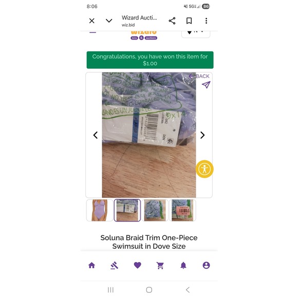 Soluna Braid Trim One-Piece Swimsuit Dove Purple Braided Maillot  XL - Picture 2 of 2